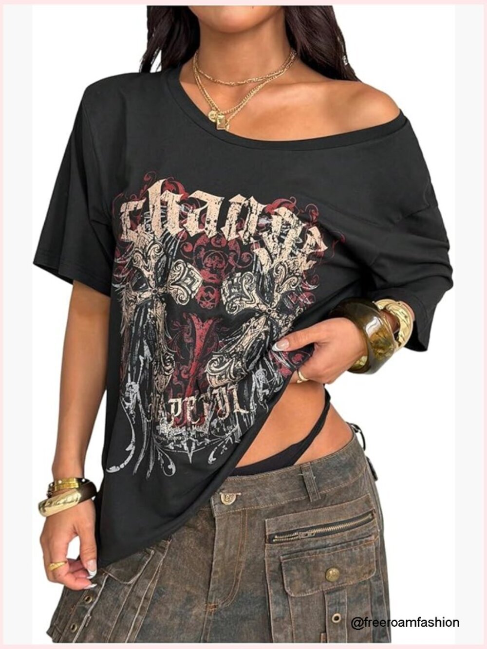 Gothic Graphic Tee Y2K Off Shoulder Going Out Top